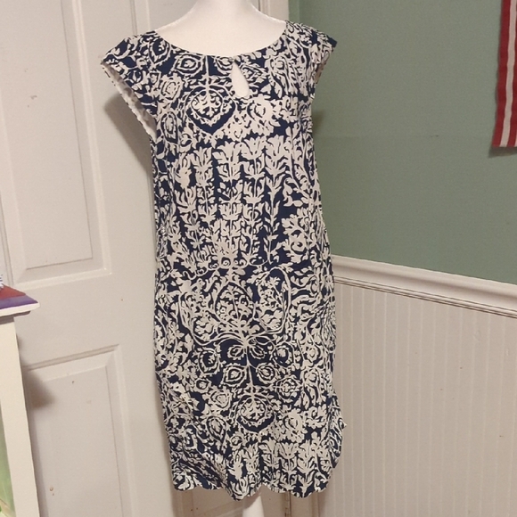 Lands End Size 10 Navy Blue White Capped Sleeves Dress Scalloped Trim - Picture 1 of 15